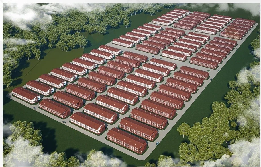 KUBO workforce camp master-plan rendering with repeated modular building groups