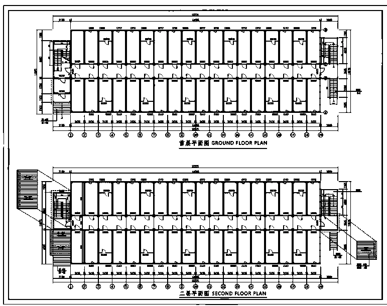Ground- and second-floor plans for a two-storey modular workforce accommodation building