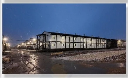 Two-storey modular accommodation building operating at night in the Russia workforce camp