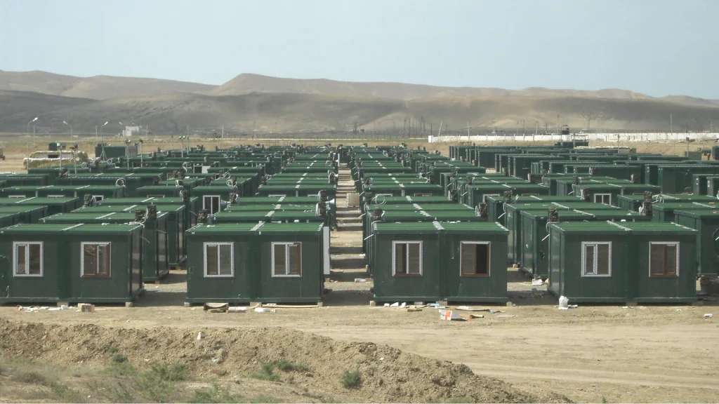 Exterior view of container workforce camp buildings for dining and recreation support facilities