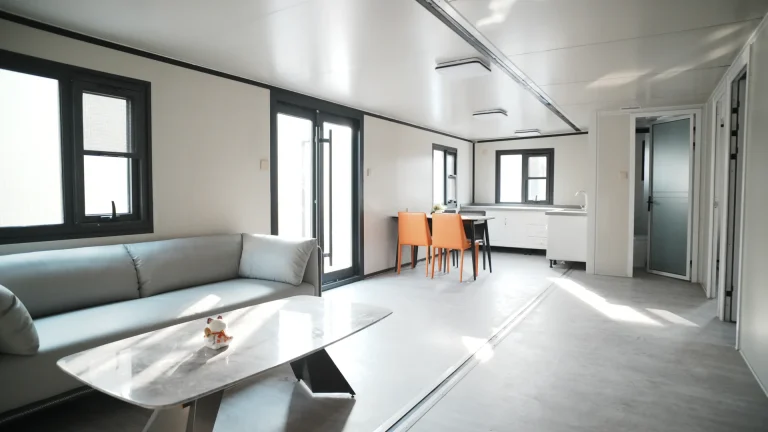 Bright modular workforce accommodation common area with lounge, dining and kitchen space