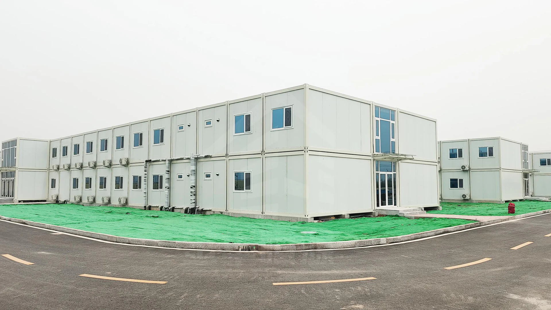 Emergency prefab housing facility exterior for humanitarian operations