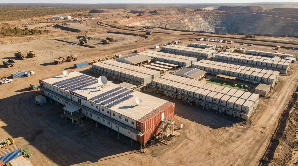 Aerial view of a modular accommodation camp supporting remote industrial operations