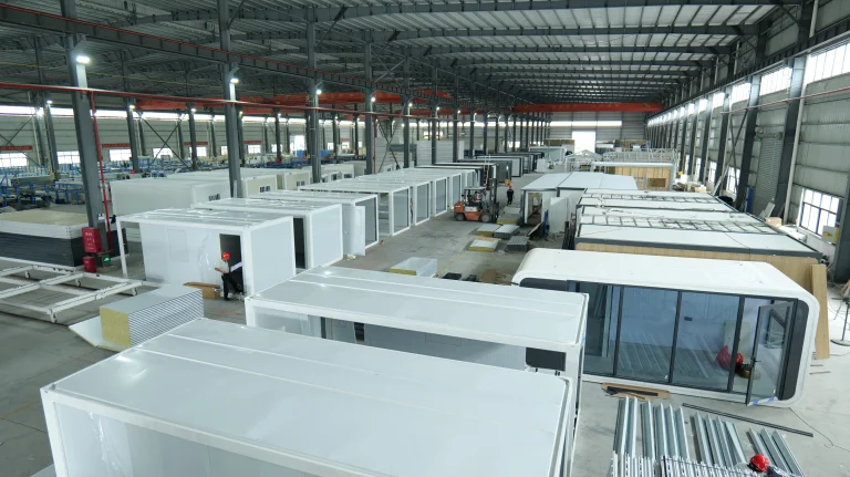 Rows of modular building units and components inside the KUBO factory