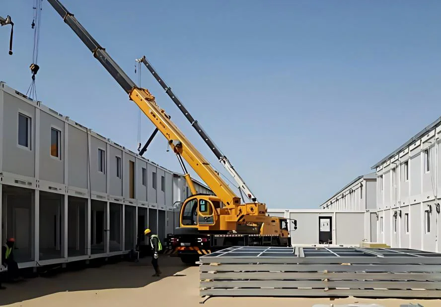 Cranes installing prefabricated accommodation modules in a workforce camp