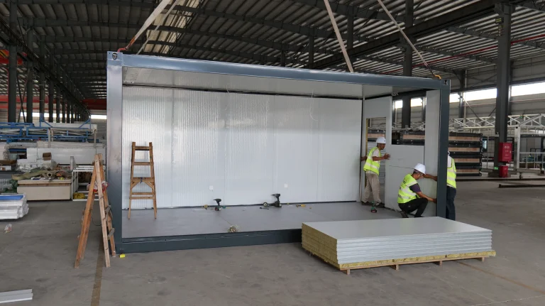 Relocatable modular camp module during factory assembly