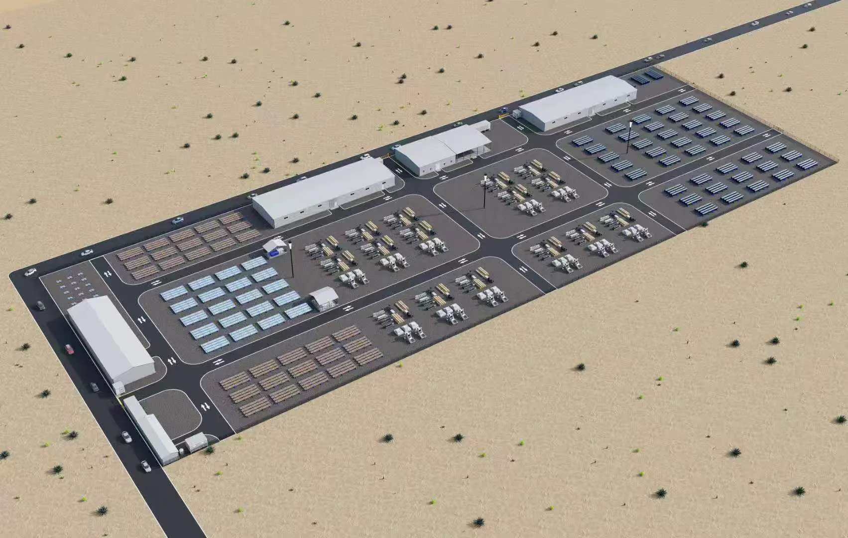 Prefab labor camp master plan rendering showing functional zoning