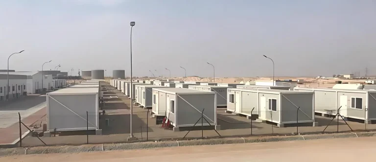 Oilfield workforce camp with modular accommodation units in a remote desert site