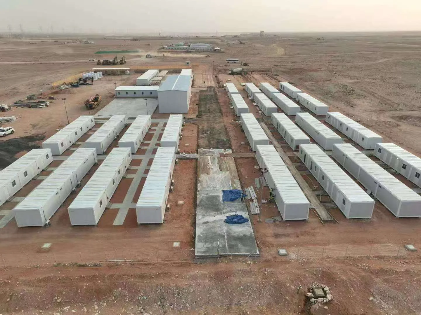 Aerial view of modular accommodation blocks arranged for a large regional workforce camp