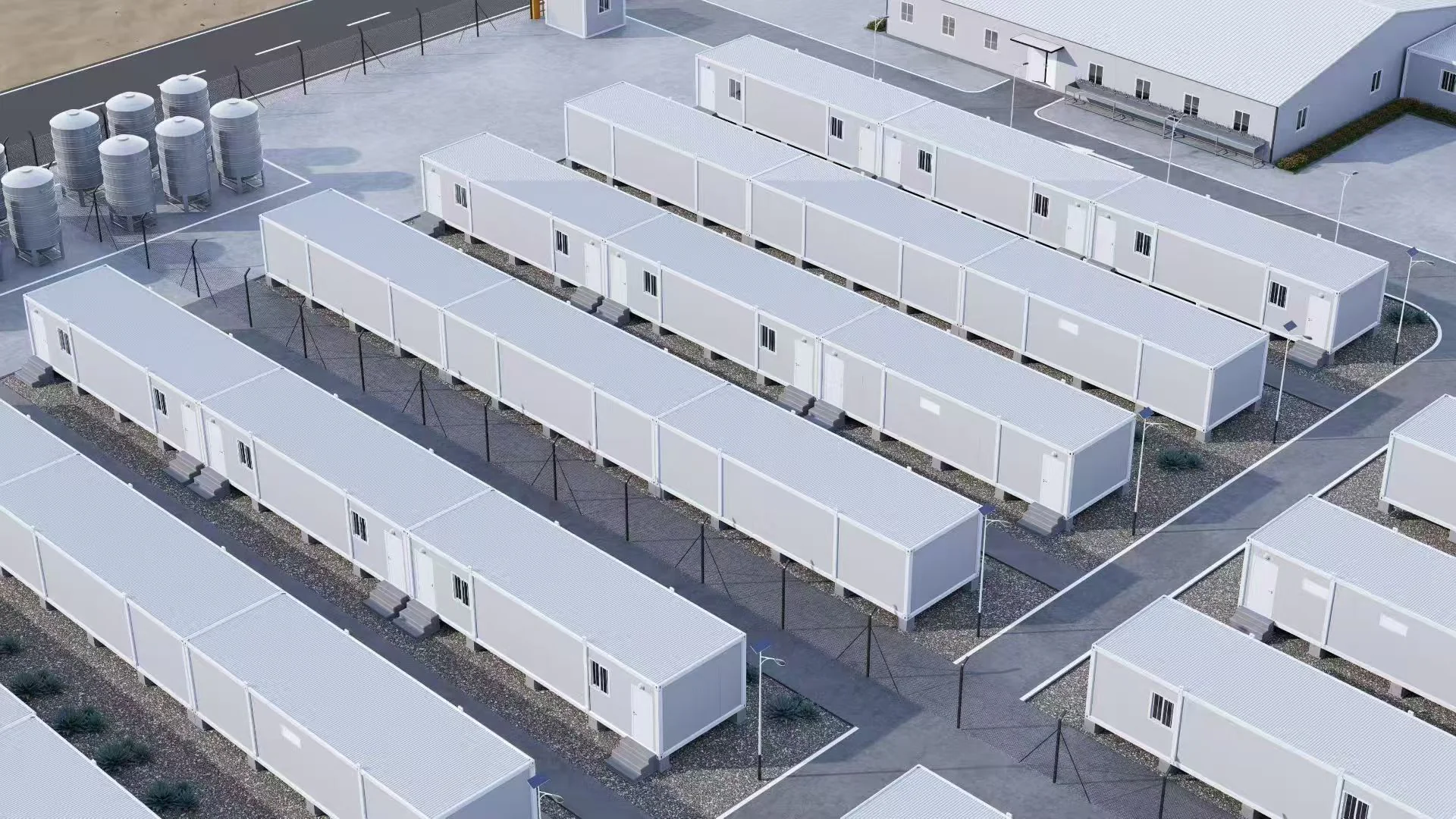 Aerial rendering of a phased modular workforce camp layout