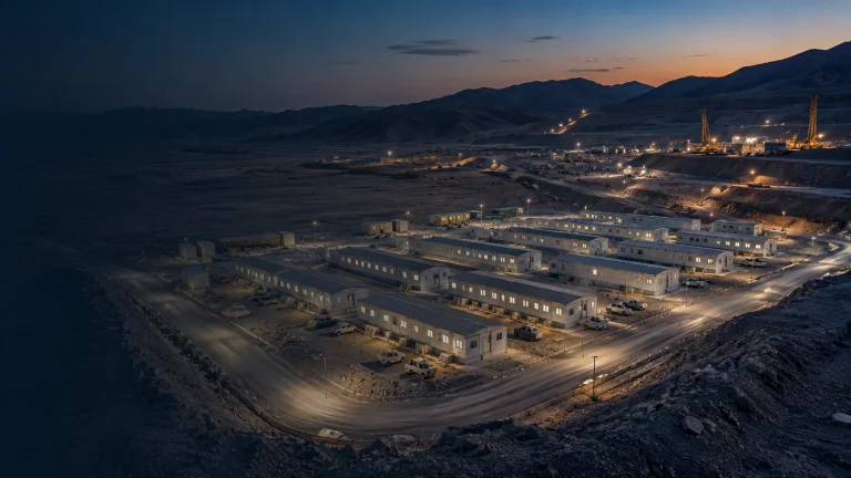 Illuminated modular workforce camp beside an active remote mining site at dusk