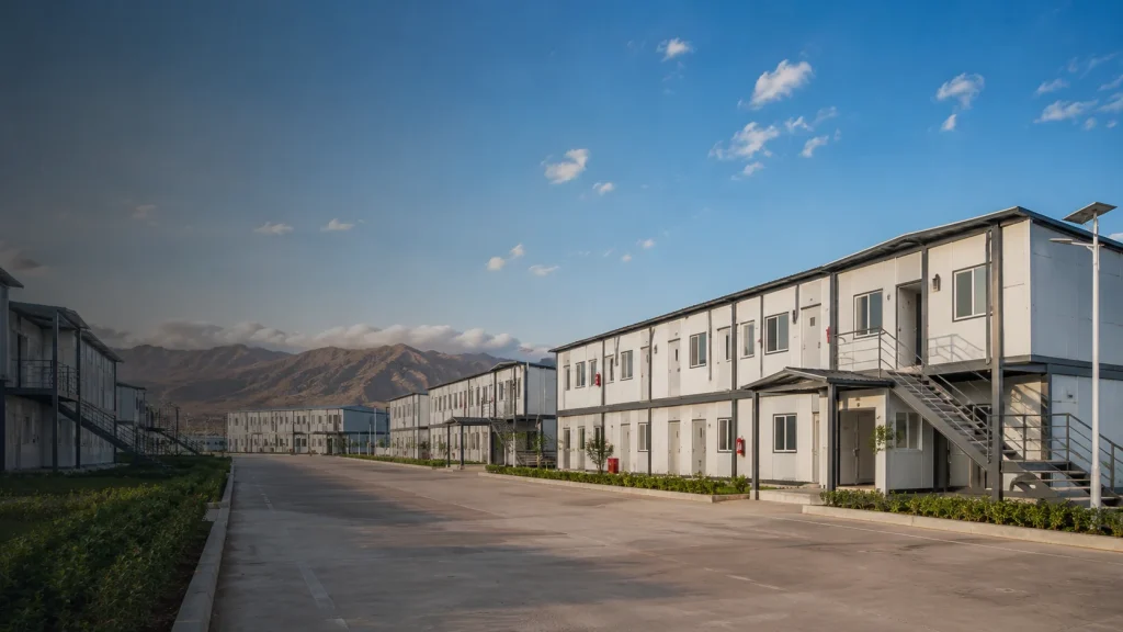 Rows of multi-storey modular dormitory buildings in a remote workforce camp