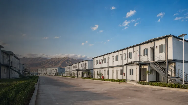 Rows of multi-storey modular dormitory buildings in a remote workforce camp