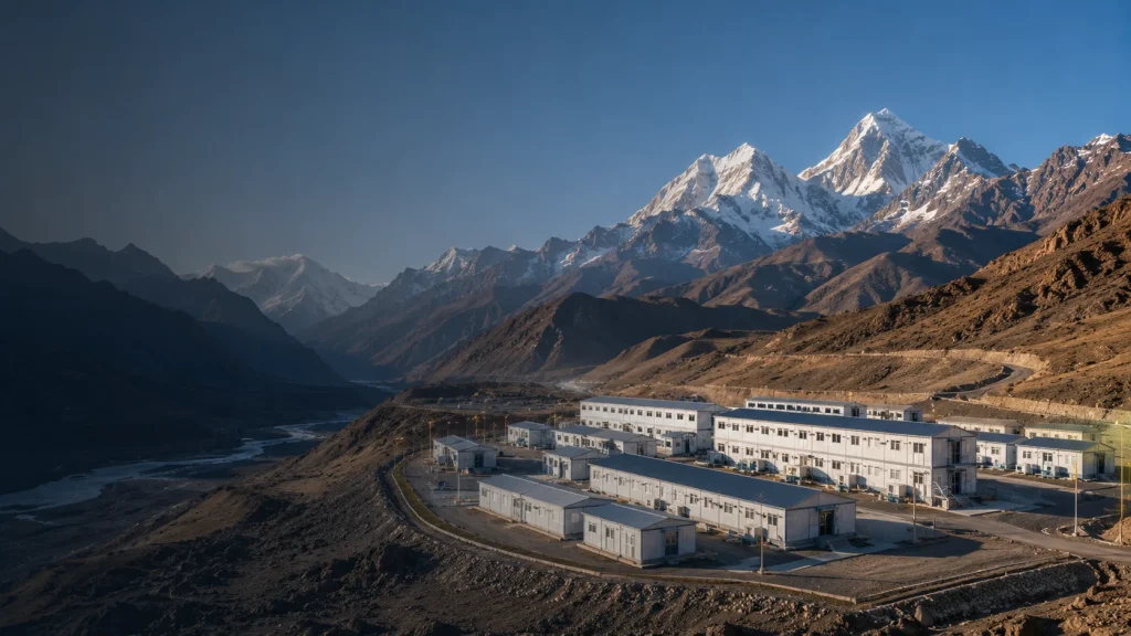 Remote modular camp in mountain terrain illustrating route-sensitive project logistics