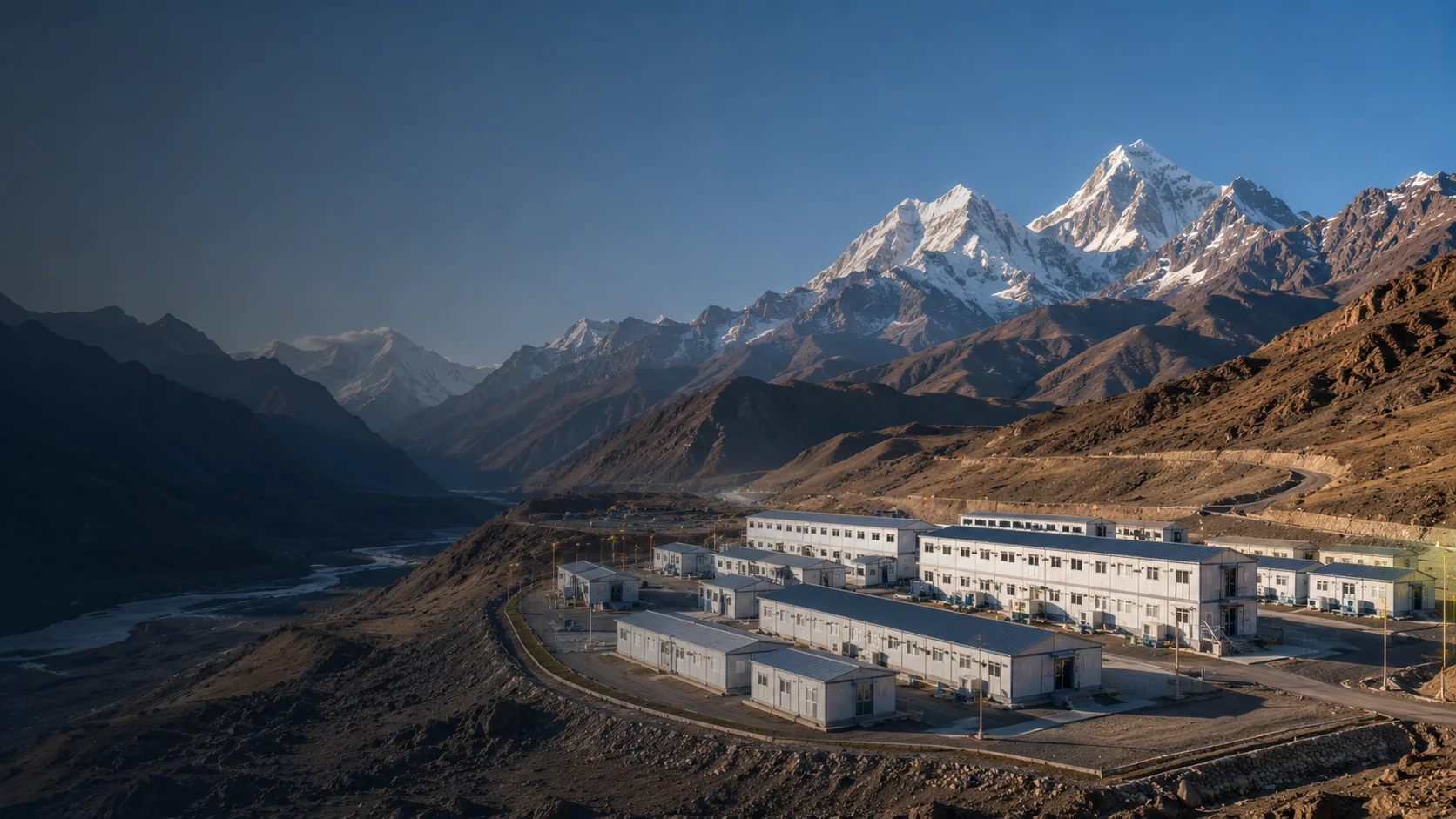 Remote modular camp in mountain terrain illustrating route-sensitive project logistics