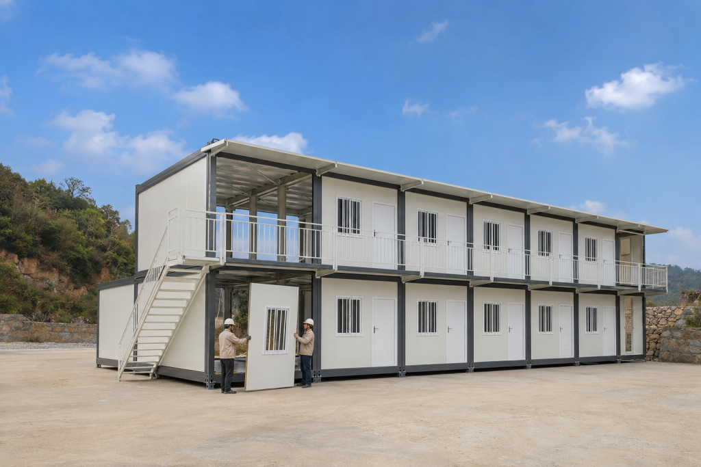 KUBO detachable modular accommodation units arranged as a two-storey camp asset family