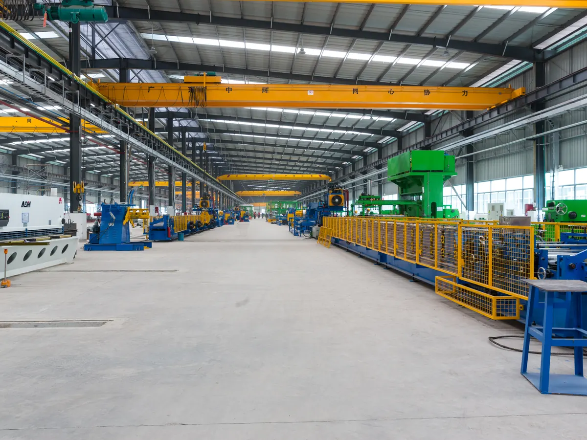 KUBO modular building production hall with steel-processing equipment