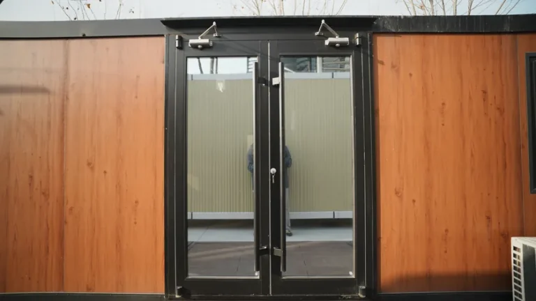 Glazed doors and exterior panels of a modular building sample