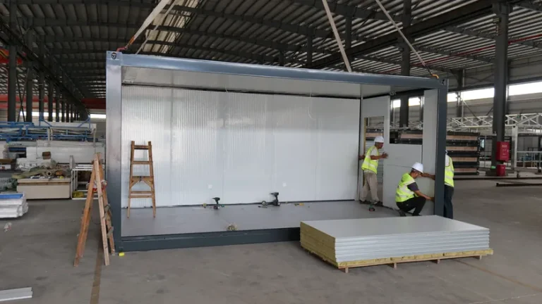 Workers fitting wall panels inside a modular building frame
