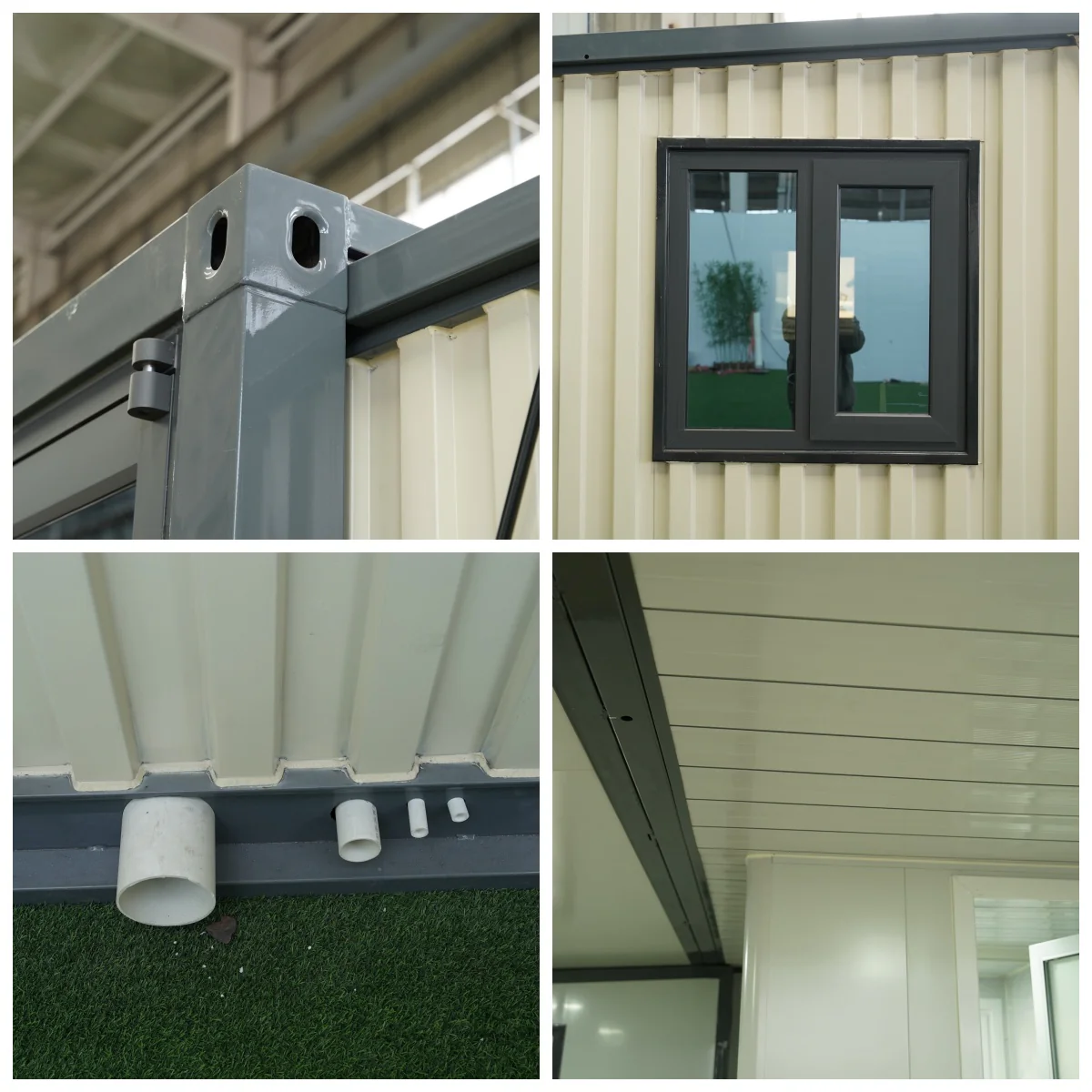 Close-up collage of modular building corner outlets and wall interface details
