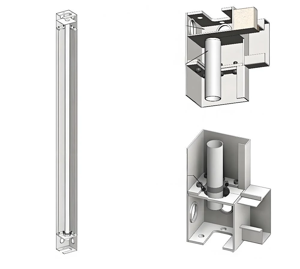Illustration of a vertical drainage pipe routed inside a modular corner column