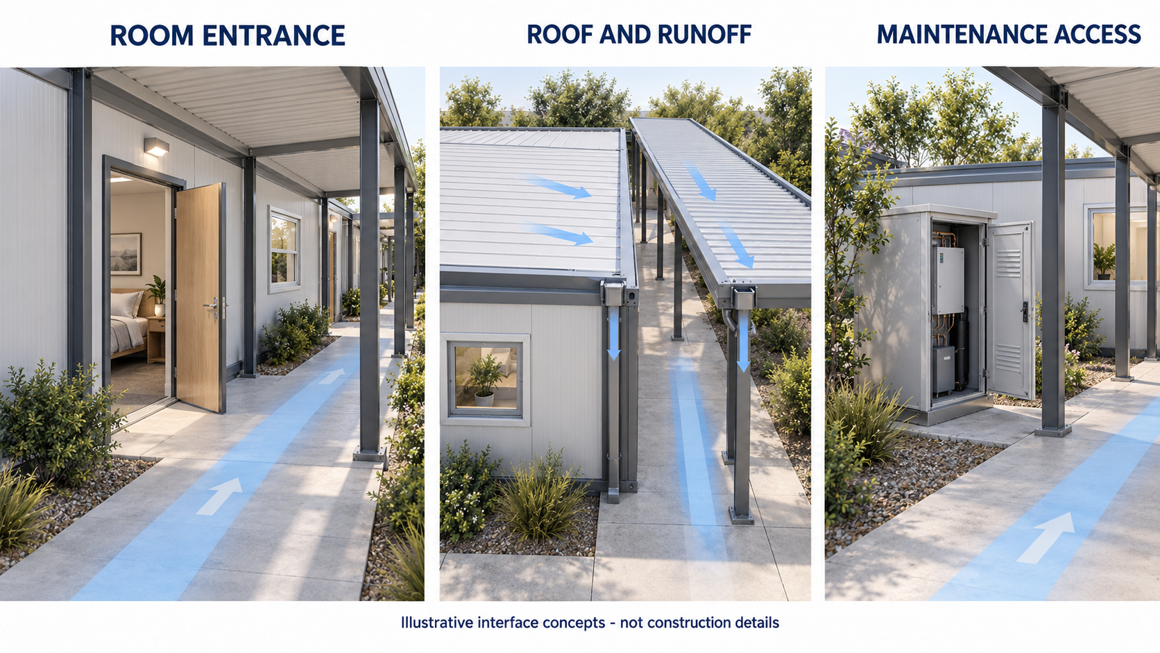 Conceptual modular dormitory interfaces showing room entrance movement, roof runoff routing and maintenance space beside a clear walkway.