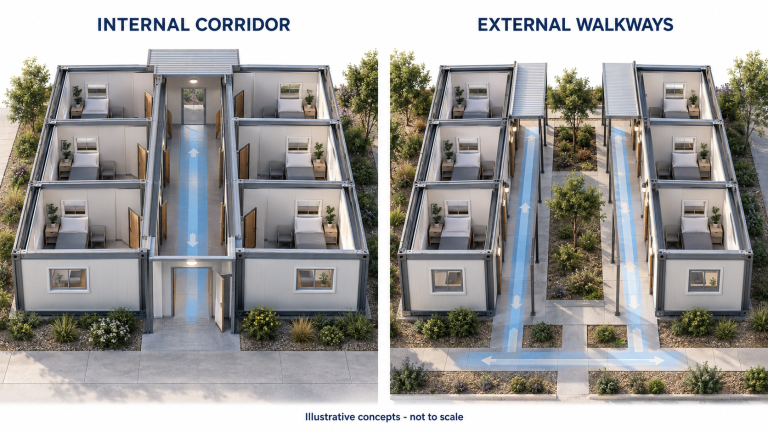 Modular dormitory corridor layout concepts comparing six rooms beside an internal corridor with six rooms served by external walkways.