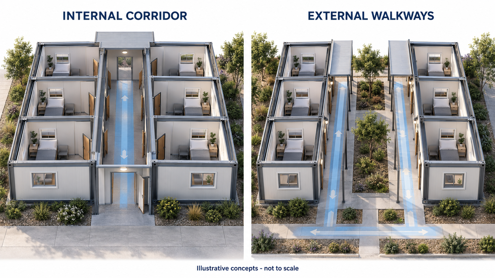 Modular dormitory corridor layout concepts comparing six rooms beside an internal corridor with six rooms served by external walkways.