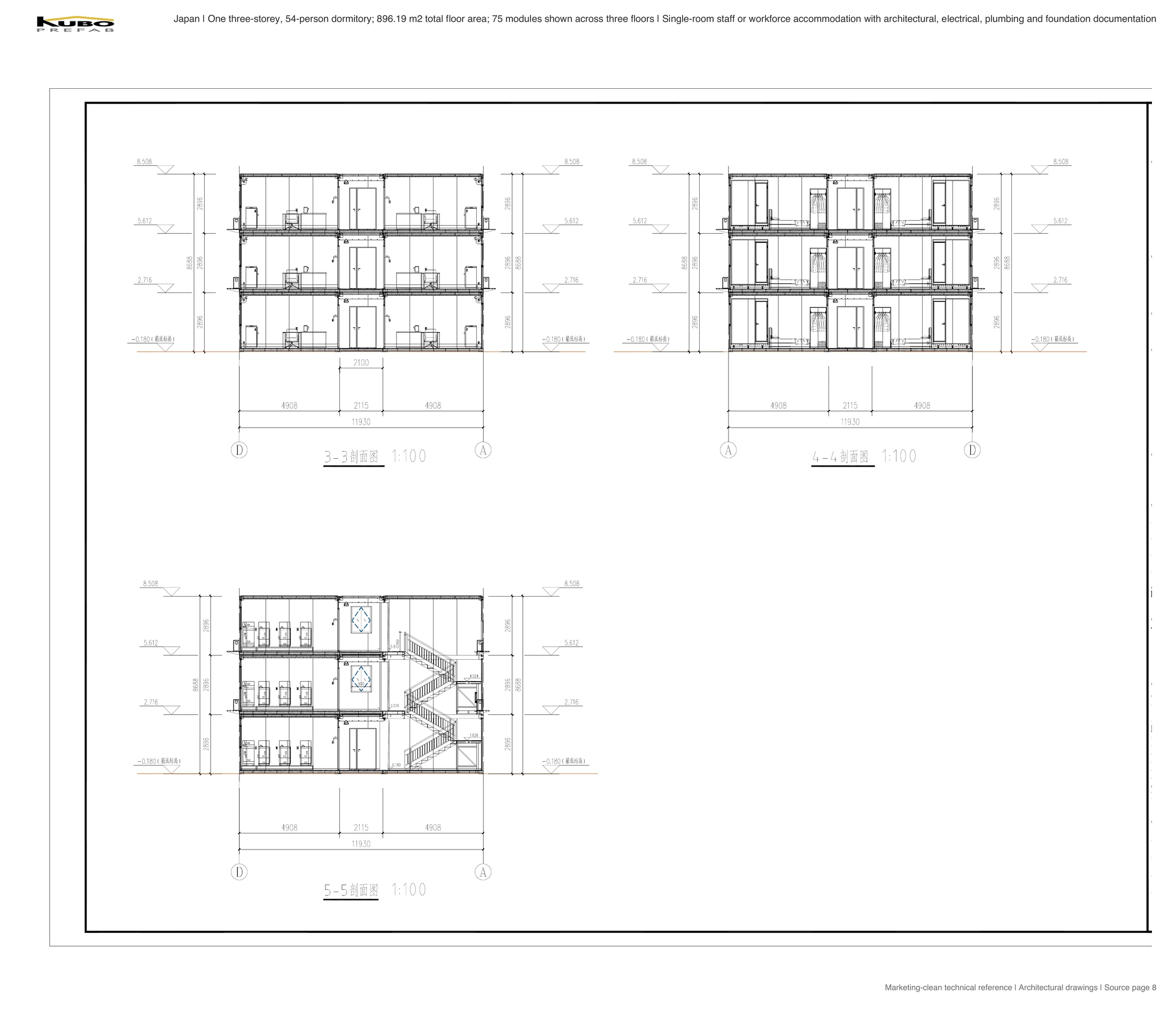 Building sections through three-storey modular dormitory rooms, corridor and stair core