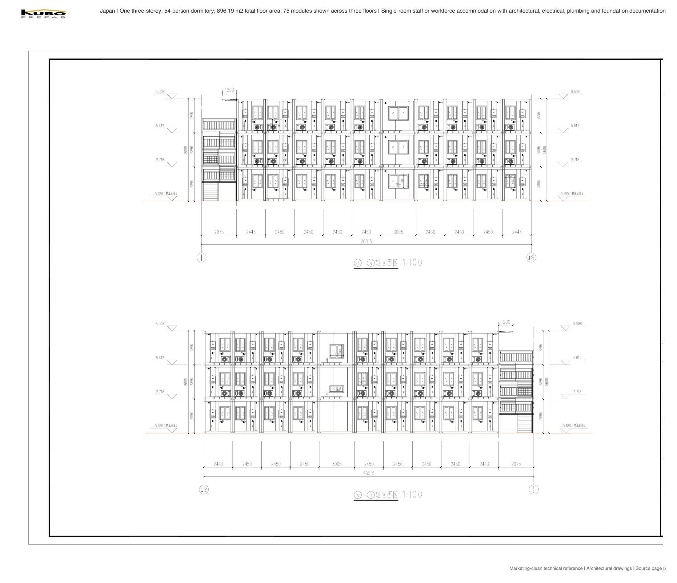 Long elevations of a three-storey joined modular dormitory with external stairs