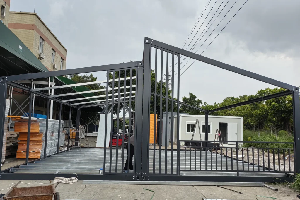 Full-scale modular building steel frame sample being assembled at KUBO factory