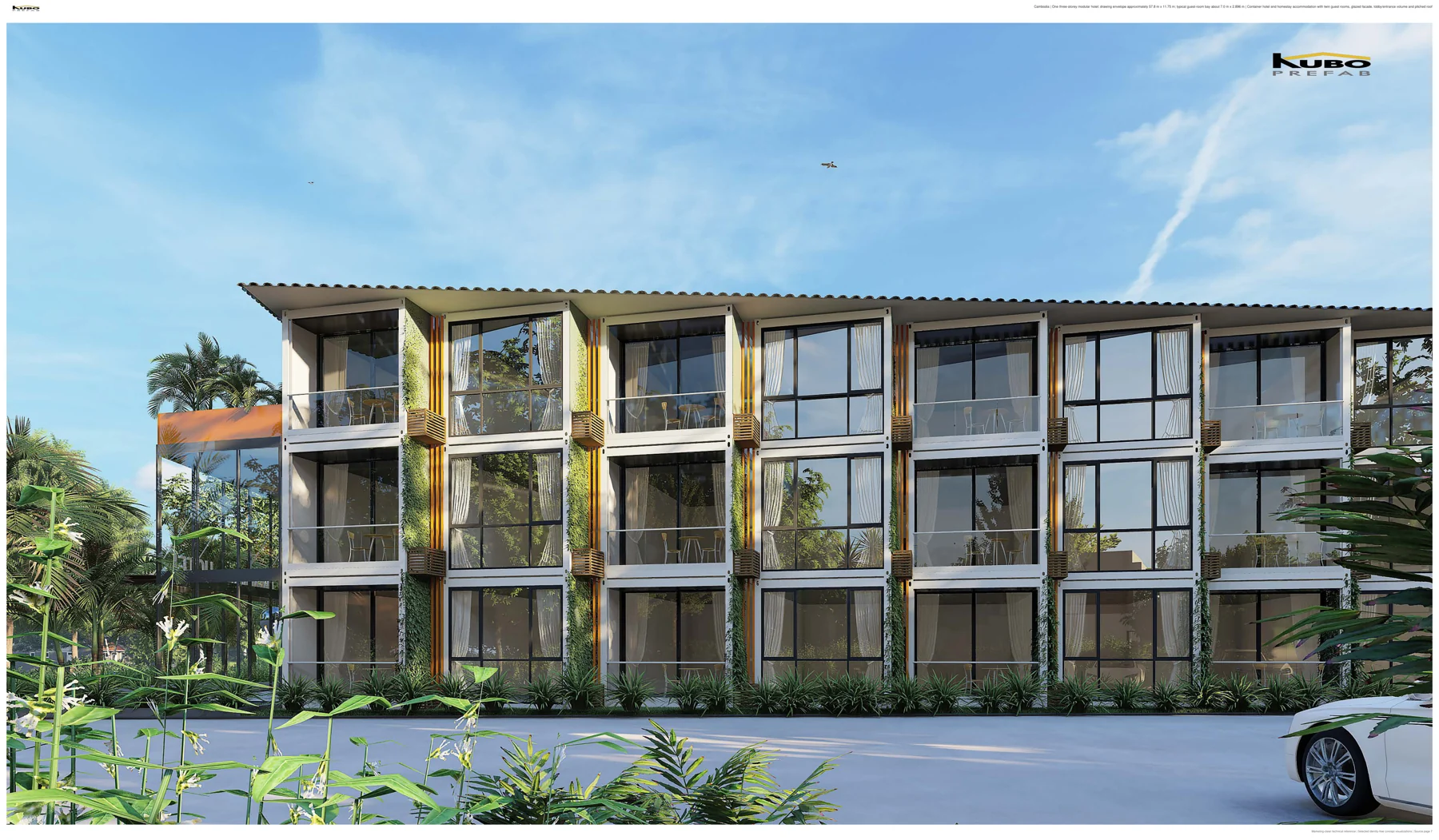 Concept rendering of a three-storey modular container hotel in Cambodia with glazed guest-room facade